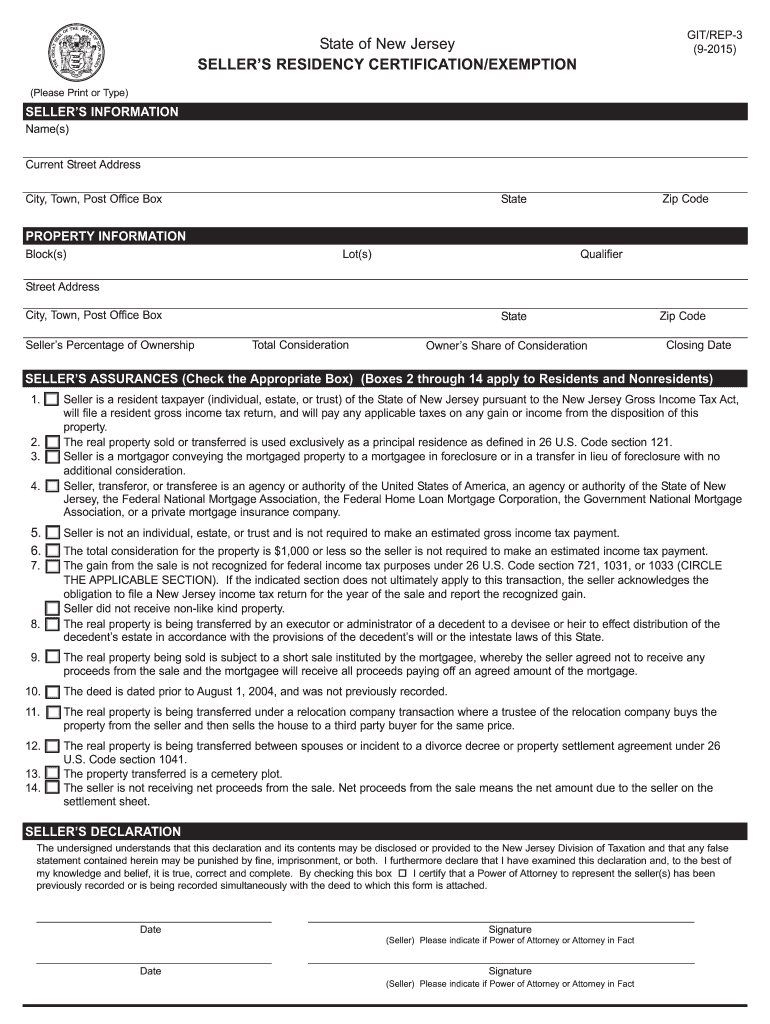  Seller Residency Certification Nj 2015
