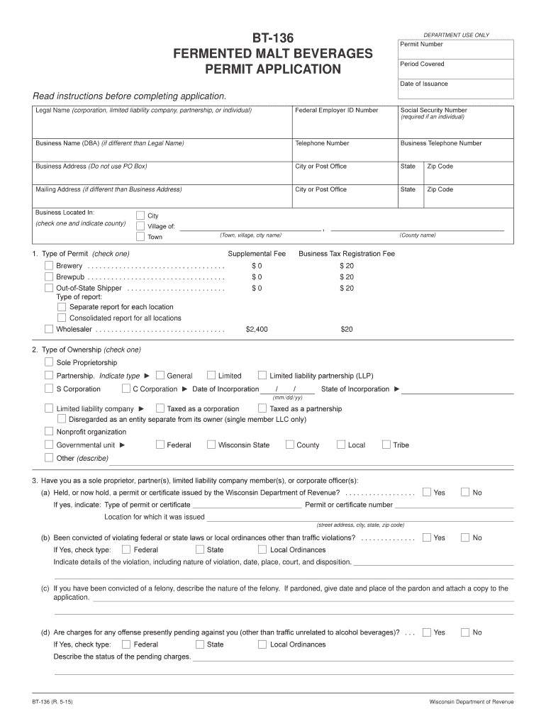  May BT 136 Fermented Malt Beverages Permit Application  Revenue Wi 2015