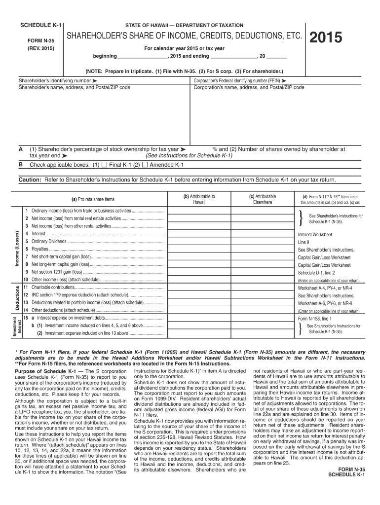  Schedule K 1 Form N 35 Rev Shareholder&#39;s    Hawaii Gov 2015