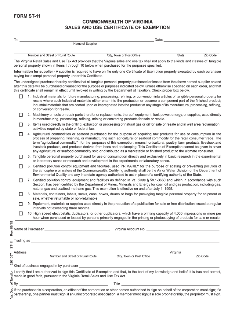  Virginia Sales Tax Exemption Form St 11 2015