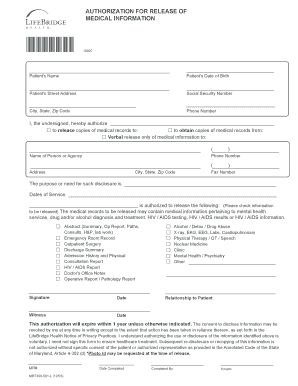  Authorization for Release of Medical Information  LifeBridge Health  Lifebridgehealth 2005