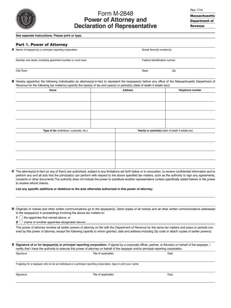  Massachusetts Form M 2848 Fillable 2014-2024