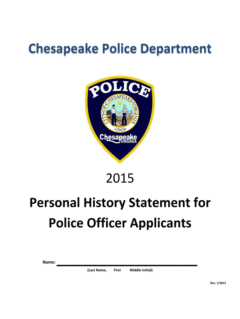  County of Fairfax Virginia Police Department Personal History Statement 2015-2024