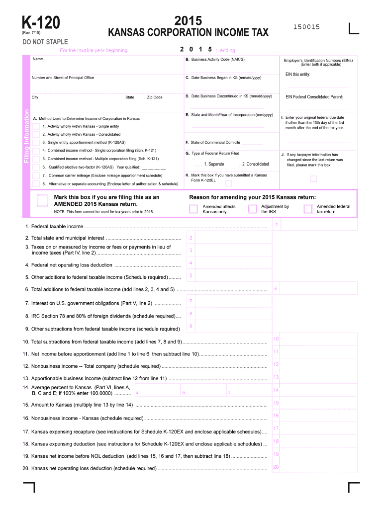  Kansas Form K 120 2015