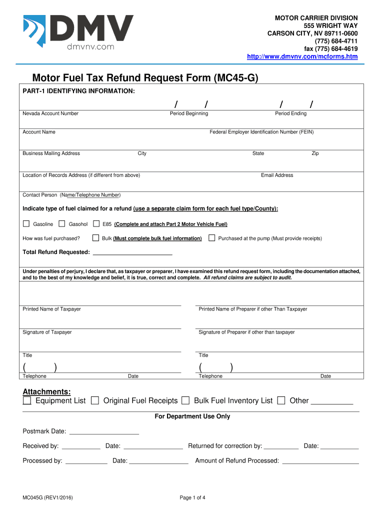  MC045G  Gas Tax Refund Request  Nevada Department of Motor 2016-2024