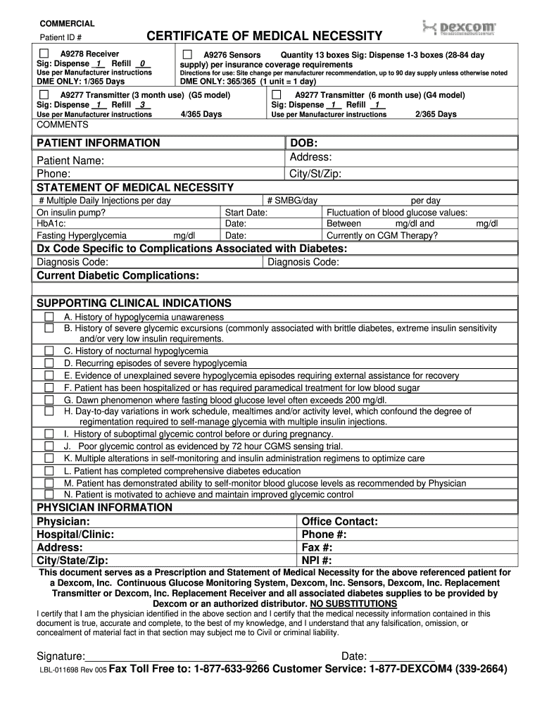  Dexcom Medical Necessity Certificate  Form 2005