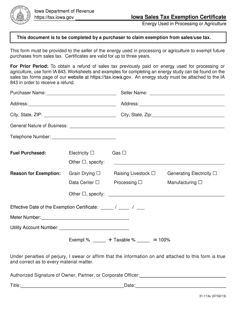  Iowa Sales Tax Exemption Certificate Energy Used in Processing or 2015