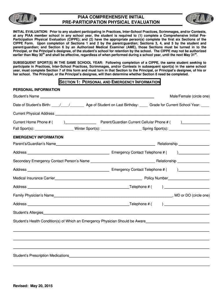 Get and Sign Piaa Physical  Form 2015-2022