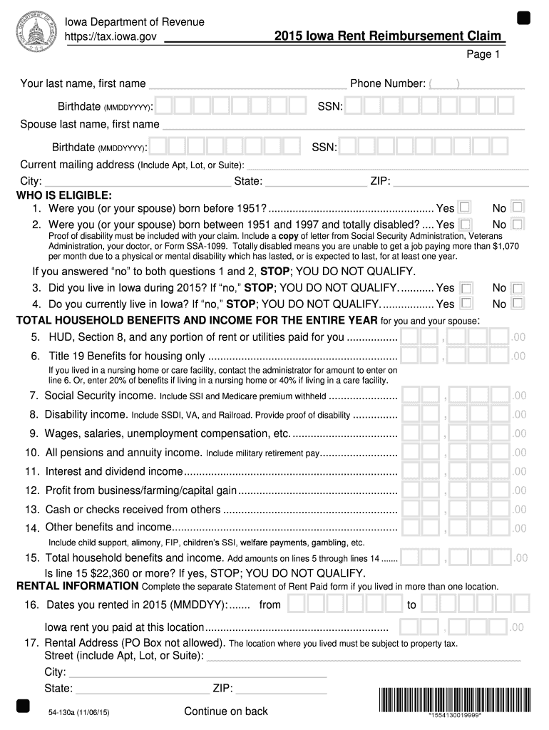 Iowa Rent Rebate  Form 2015