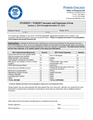  Income & Expenses Form  Fisher College 2014-2024