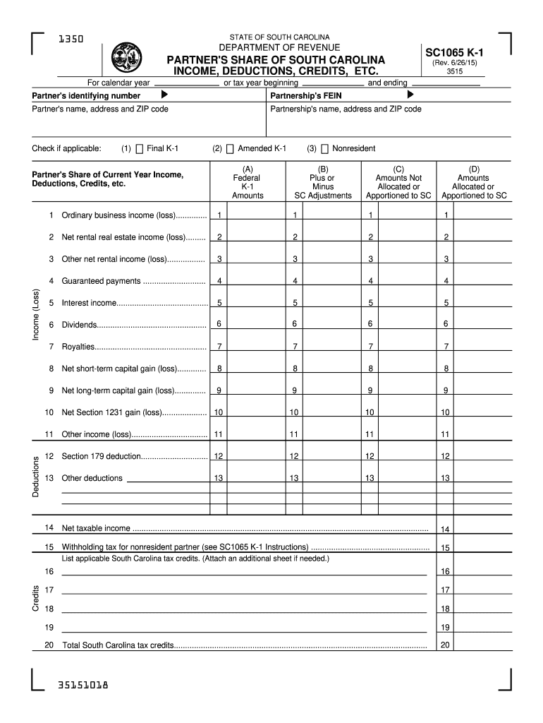  Sc Dept of Revenue Form 1065 K 1 2015