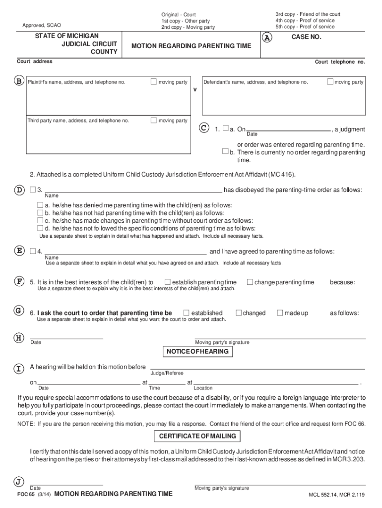 Michigan Motion Parenting Time 20142024 Form Fill Out and Sign
