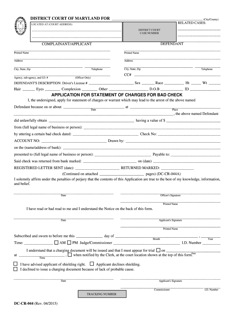  Maryland Application Charges Form 2015