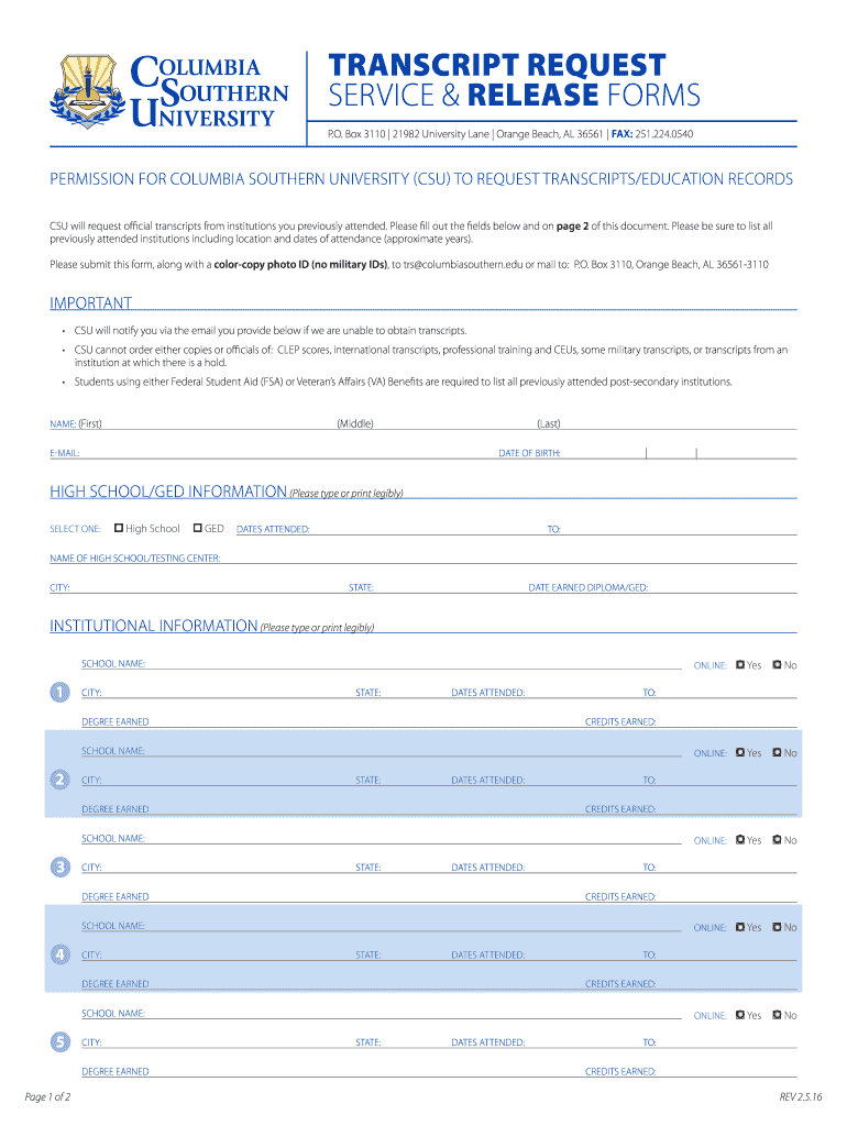  Columbia Southern University Transcript Form 2016