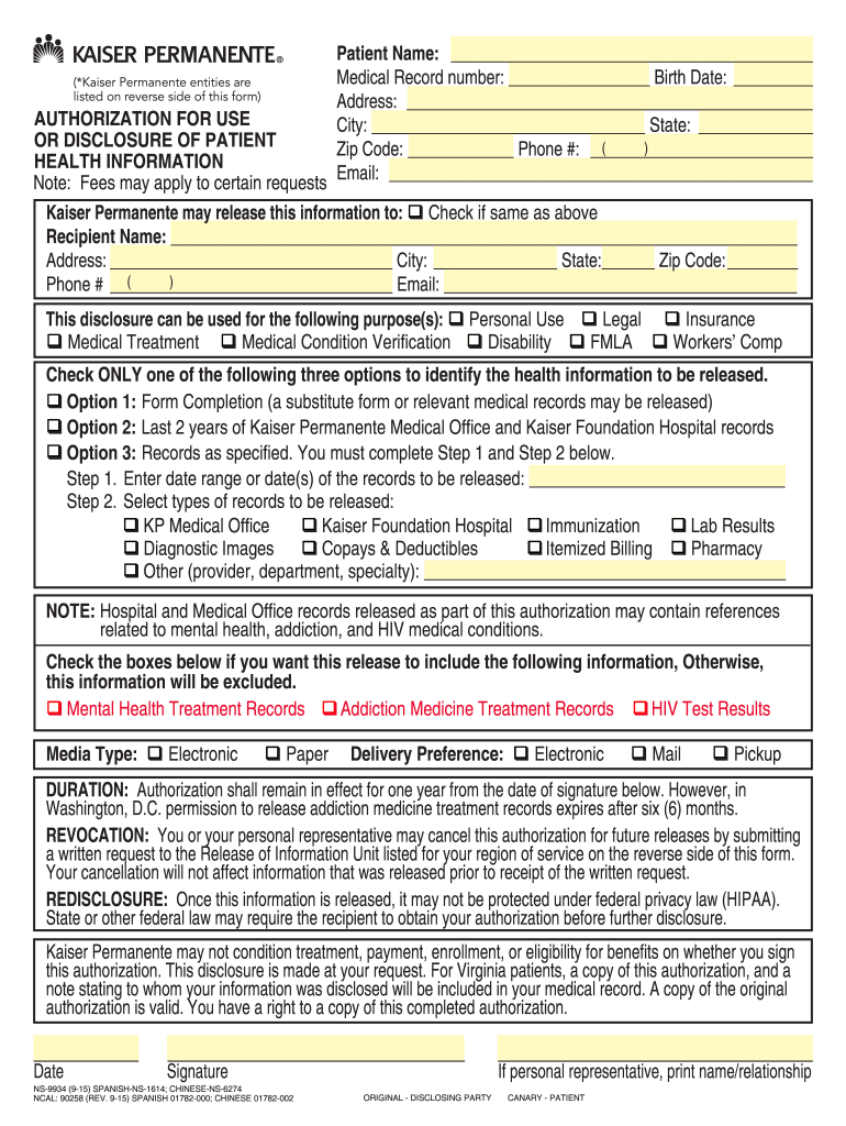 Kaiser Release of Ination 20152024 Form Fill Out and Sign Printable