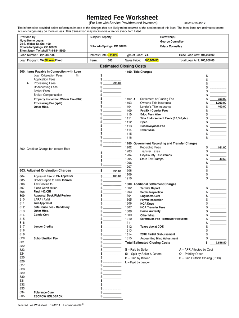  Mortgage Itemized Fee Worksheet Excel 2011-2024