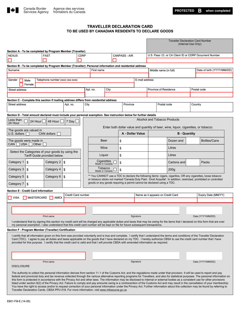 Traveller Declaration Card to Be Used by Canadian Residents to Cbsa Asfc Gc  Form