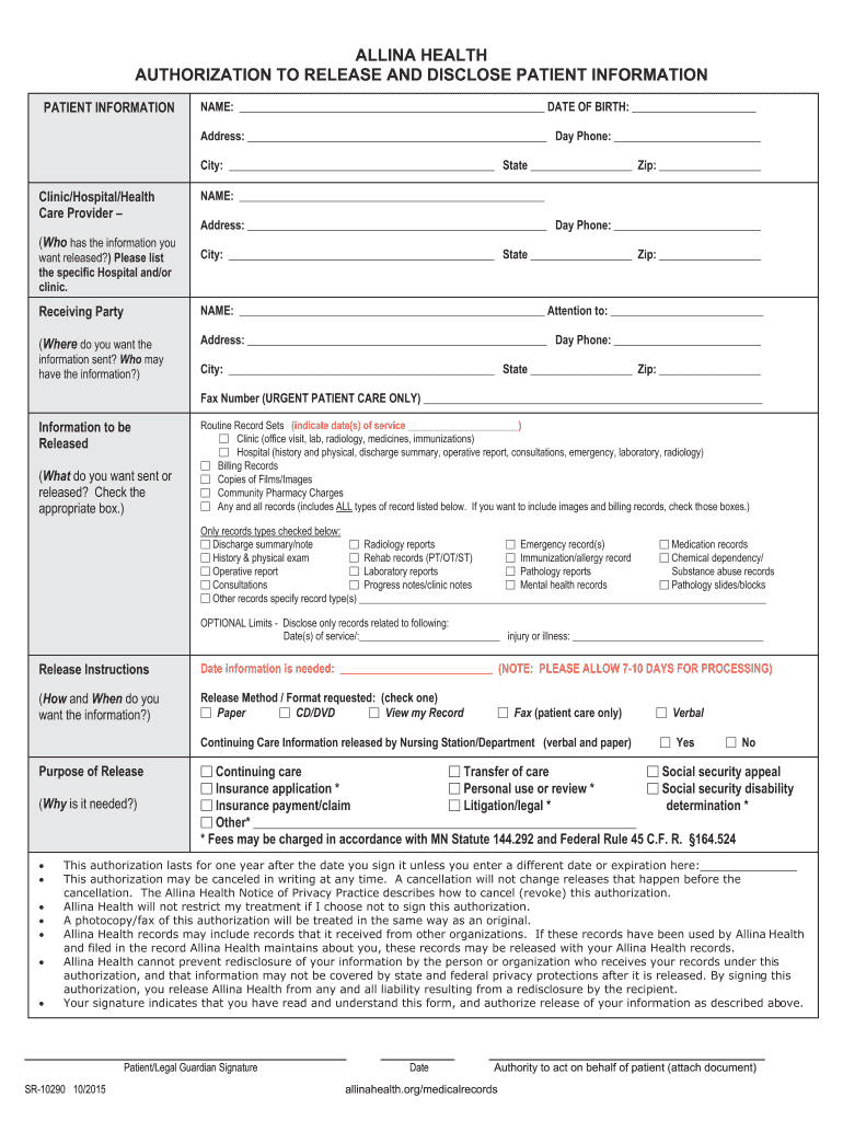  Allina Release of Information Form 2015