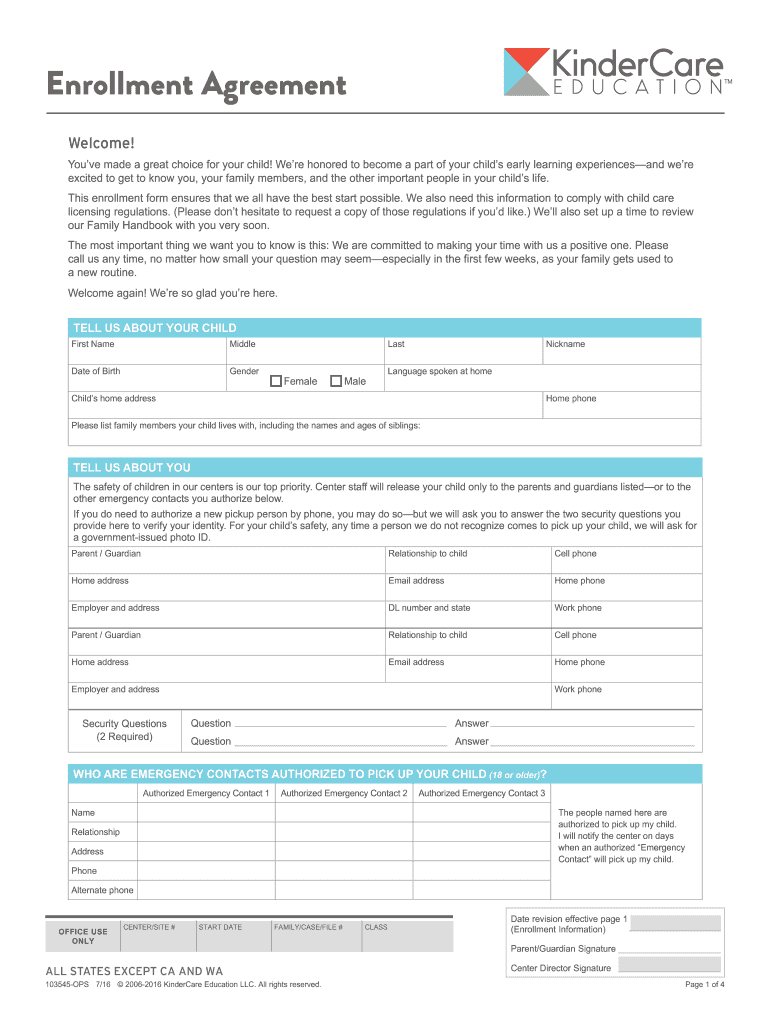 Kindercare Enrollment  Form