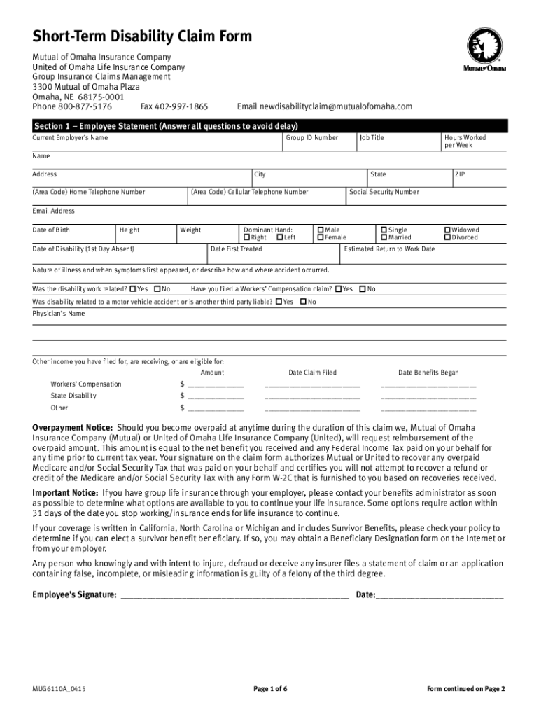 Short Term Disability Claim Form Mutual of Omaha