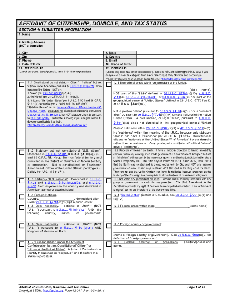 Affidavit of Citizenship Domicile and Tax Status Fill in  Form