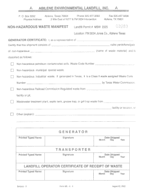  Non Hazardous Manifest Fillable  Form 2009-2024