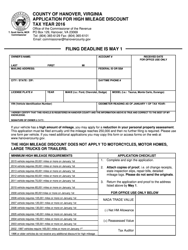  High Mileage Discount Application Form  Hanover County 2016