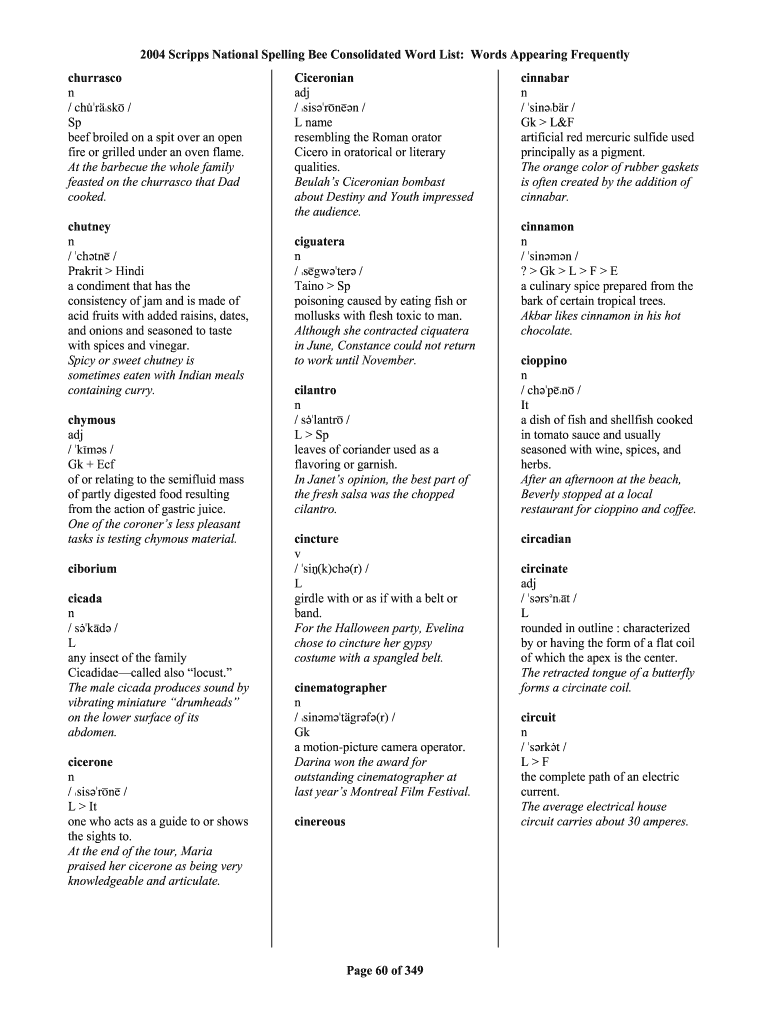  National Spelling Bee Word List 2004-2024