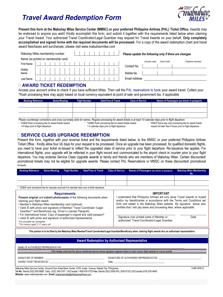  Travel Award Redemption Form 2015-2024