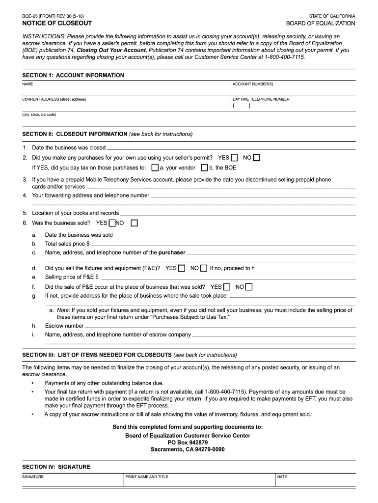  Notice of Closeout Form 2016-2024