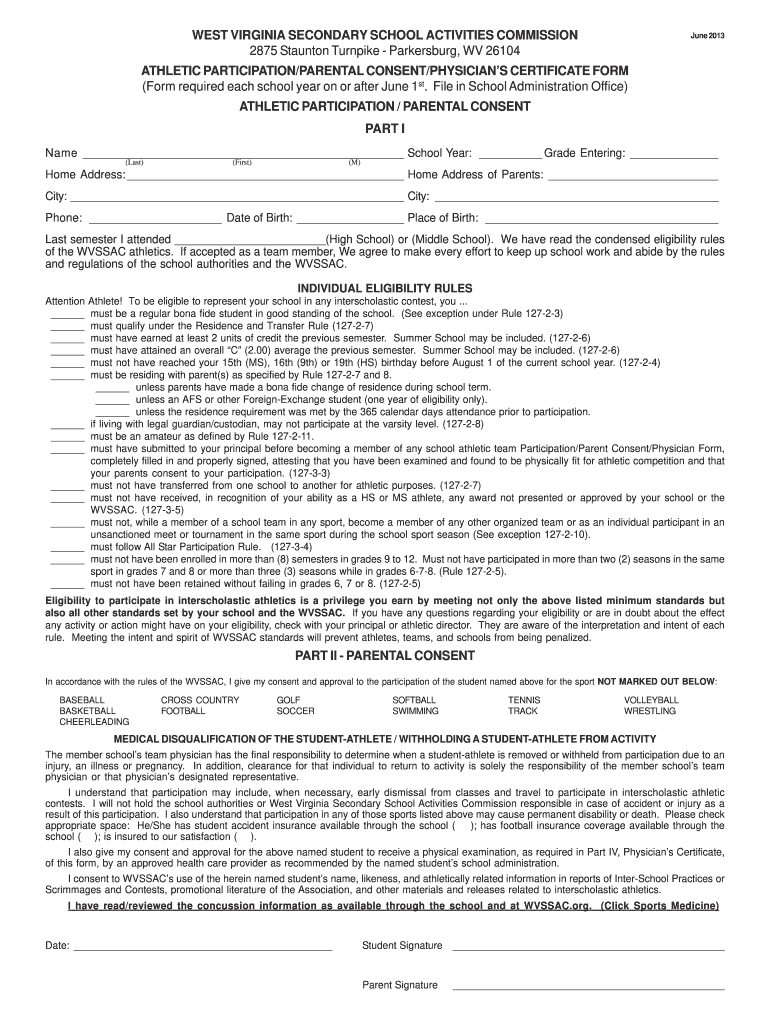  Wvssac Physical Form 2013-2024