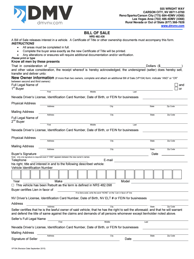 Get and Sign Bill of Sale Nevada 2015-2022 Form