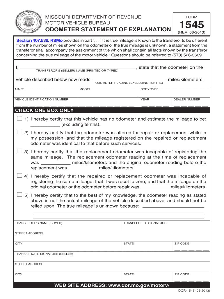  Missouri Odometer Statement PDF 2013-2024