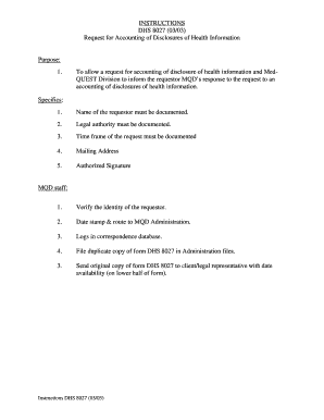  INSTRUCTIONS DHS 8027 0303 Request for Accounting of Disclosures of Health Information Purpose 1 Med Quest 2003-2024