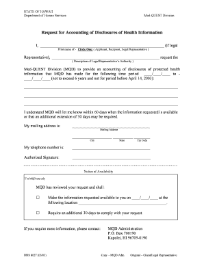  STATE of HAWAII Department of Human Services Med QUEST Division Request for Accounting of Disclosures of Health Information I, I 2003-2024