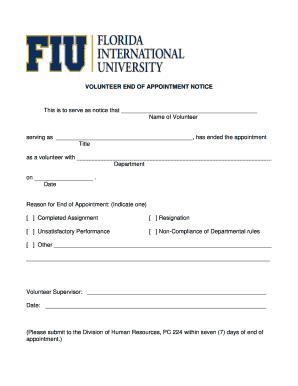 Volunteer End of Appointment Notice Fiu Hr Fiu  Form