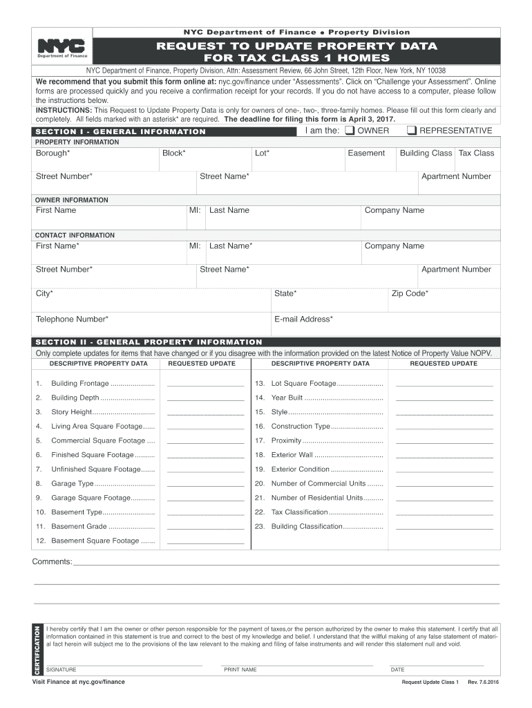 Get and Sign Property Data Update Class 1  NYC Gov 2016 Form
