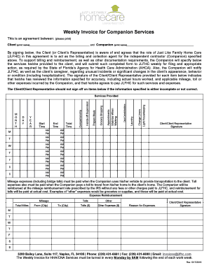  Weekly Invoice for Companion Services  Just Like Family Home Care 2016-2024