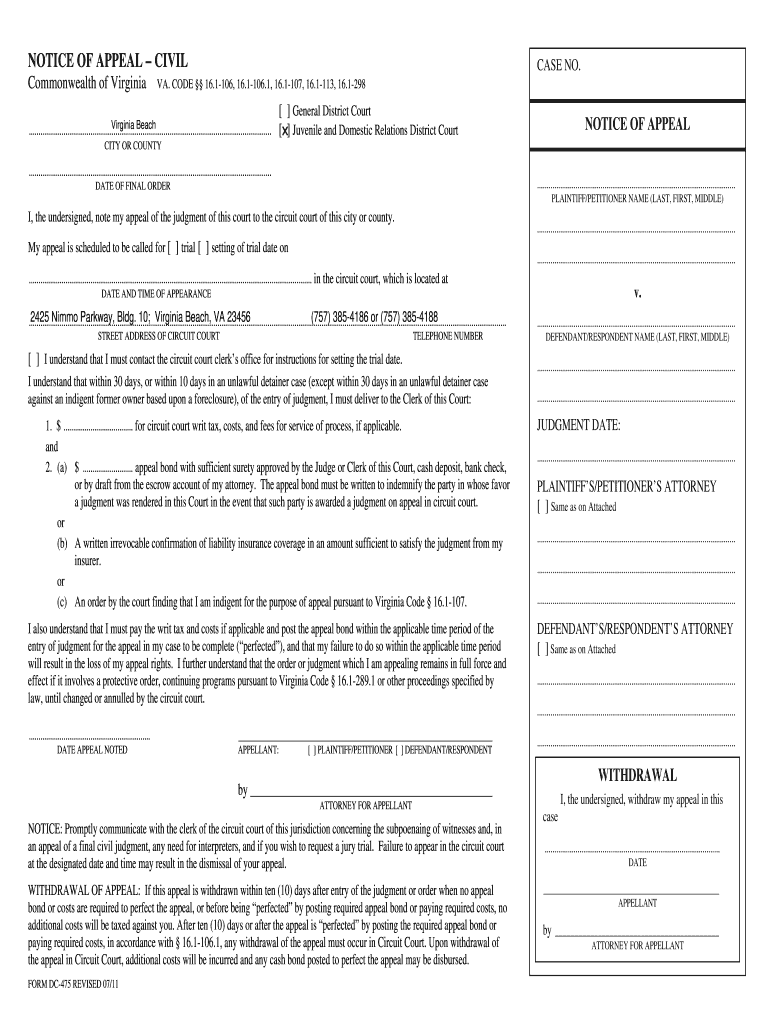 Get and Sign Virginia Notice of Appeal 2011-2022 Form