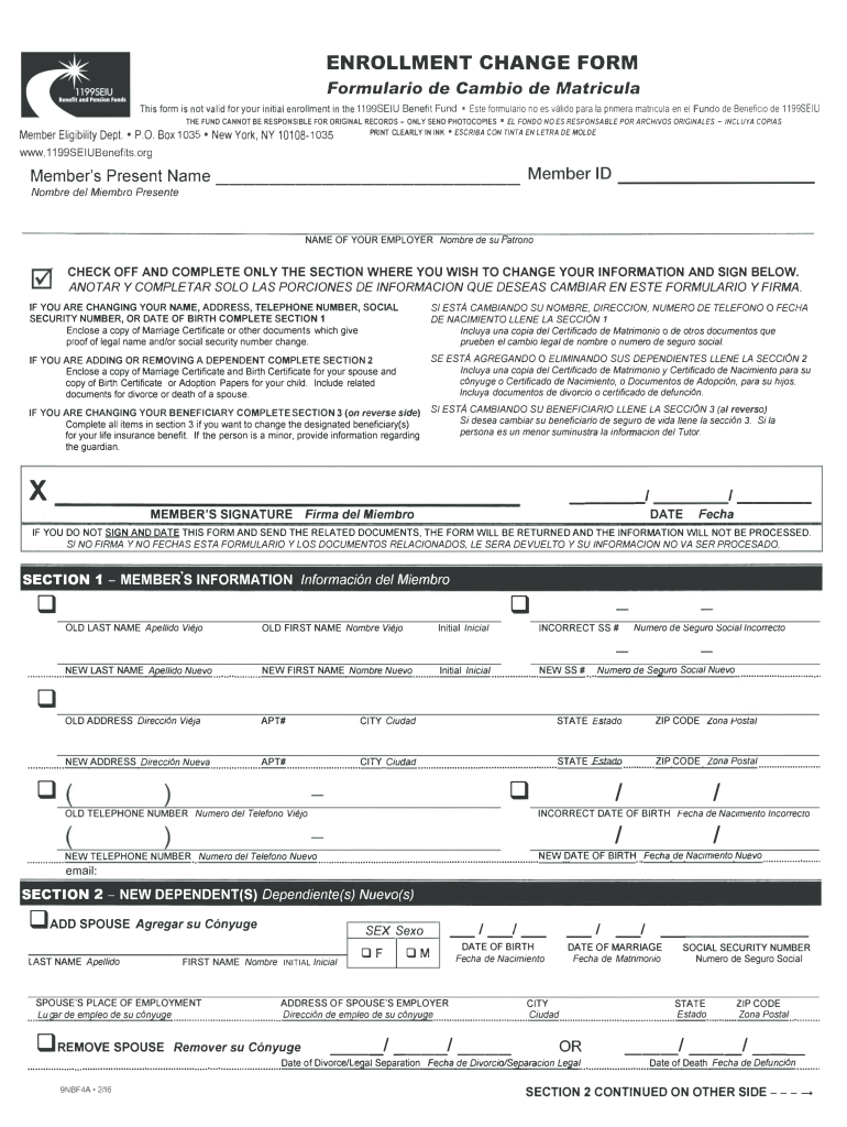  1199 Enrollment Change Form 2016-2024