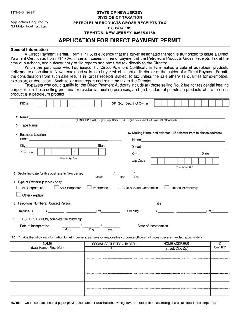  New Jersey Direct Pay Permit Application  Form 1999