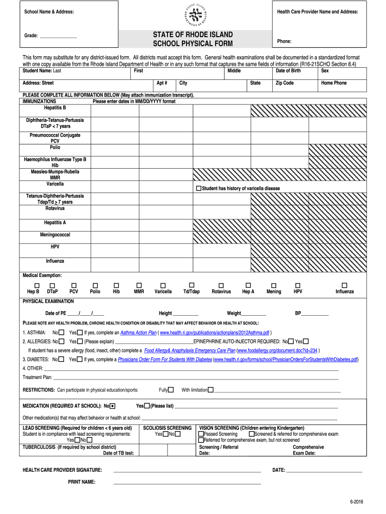  Ri State School Physical Form 2016-2024