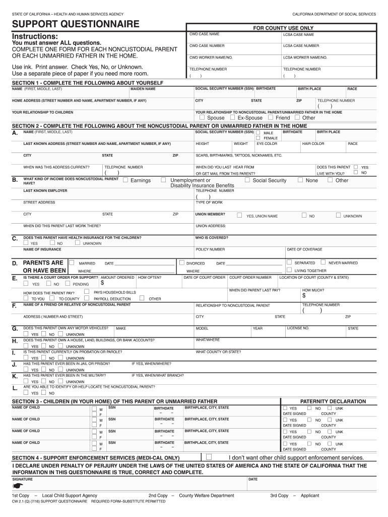  SUPPORT QUESTIONNAIRE California Department of Social Cdss Ca 2016