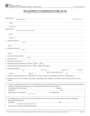  NB 136, Replacement of Stamped Data Form the National Board Nationalboard 2015