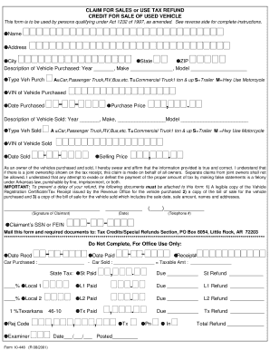  Claim for Sales and Use Tax Refund Credit for Sale of Used Vehicle Dfa Arkansas 2001