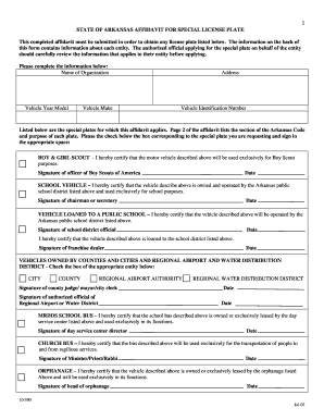 Arkansas Affidavit Special License Plate  Form