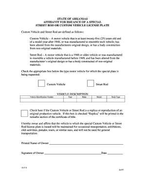 Affidavit for Issuance of a Street Rod or Custom Vehicle License Plate Dfa Arkansas  Form