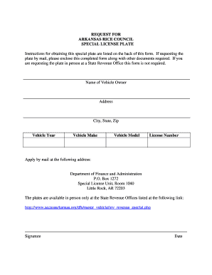 Arkansas Rice License Plate  Form