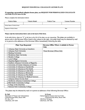 Request for Collegiate License Plate Arkansas Department of Dfa Arkansas  Form