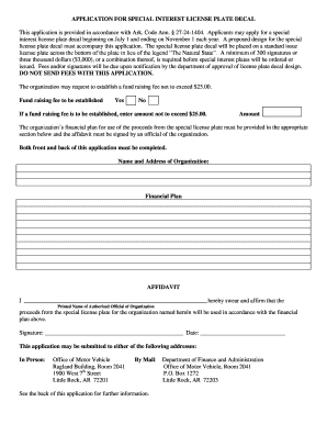 APPLICATION for SPECIAL LICENSE PLATE Arkansas Dfa Arkansas  Form